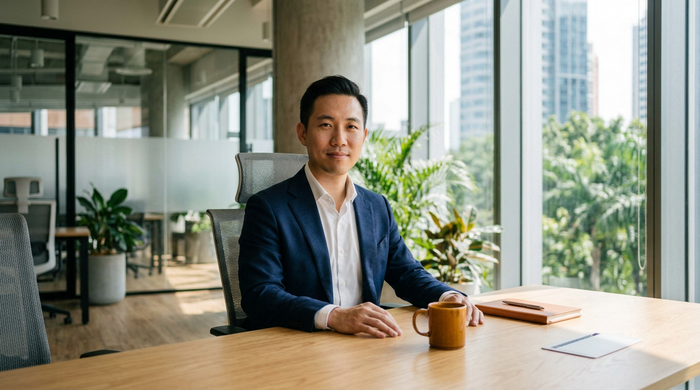 Asian SME business owner in a sunlit Singapore executive office, embodying calm control and neutral commercial invoice resolution.