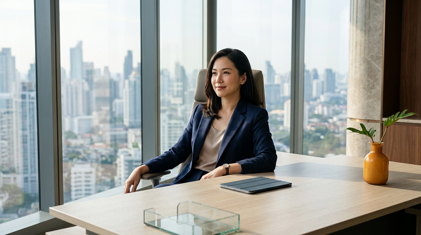 Asian SME founder seated composed at an executive desk overlooking a sunlit city skyline, representing cash flow protection and financial certainty.