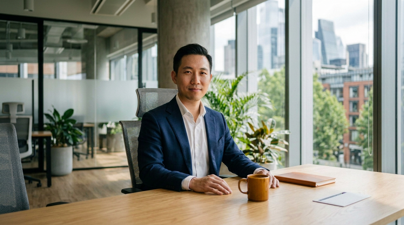 East Asian business director in a sunlit UK executive office, embodying calm authority and receivables control.