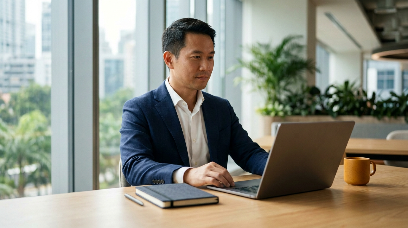 Asian finance leader in a navy blazer working on a laptop at a sunlit desk in a Singapore corporate office with a warm amber coffee cup.
