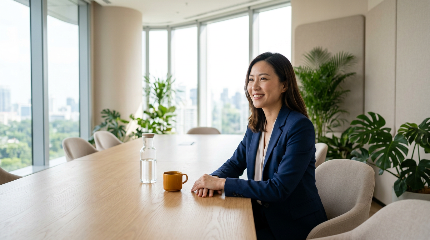 Asian business owner relaxed and smiling at a meeting table, reflecting how structured credit control eliminates awkward invoice chasing.